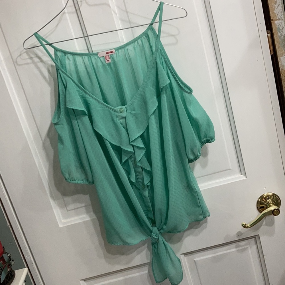 Cold Shoulder Ruffle/Button/Tie Front Top